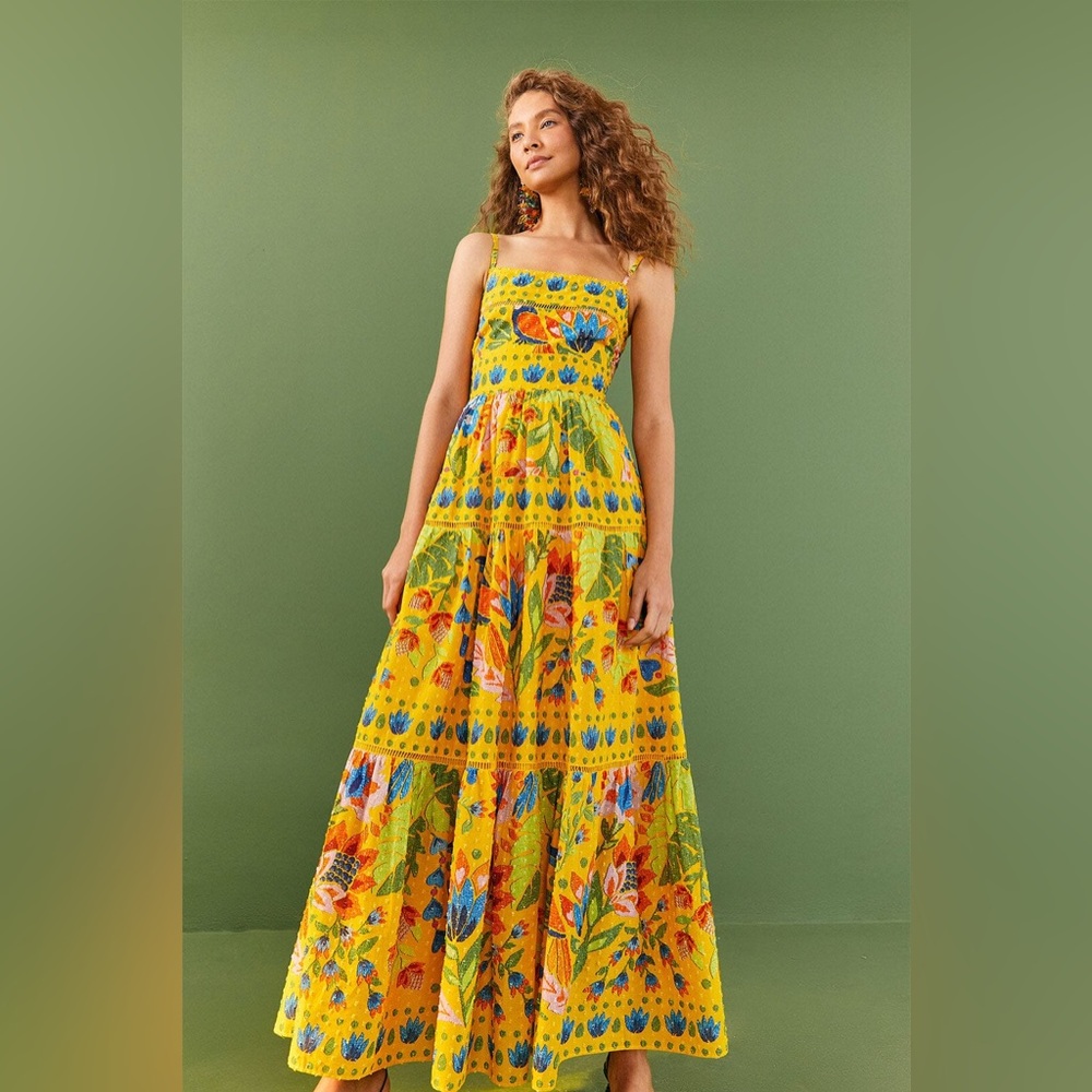 Farm Rio Yellow Summer Garden Sleeveless Maxi Dress Size S Small
